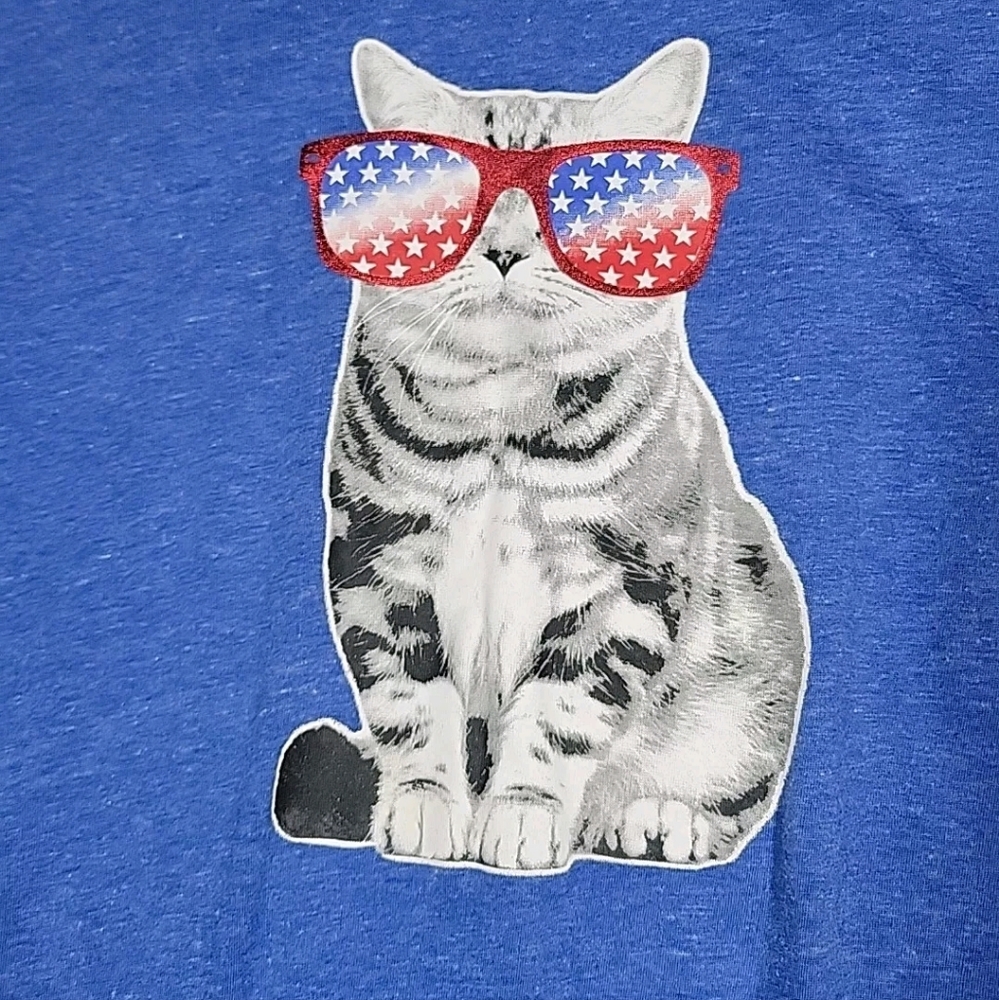 Way To Celebrate Blue T-Shirt Graphic USA Cat w/Sunglasses Size Xl - Picture 2 of 7